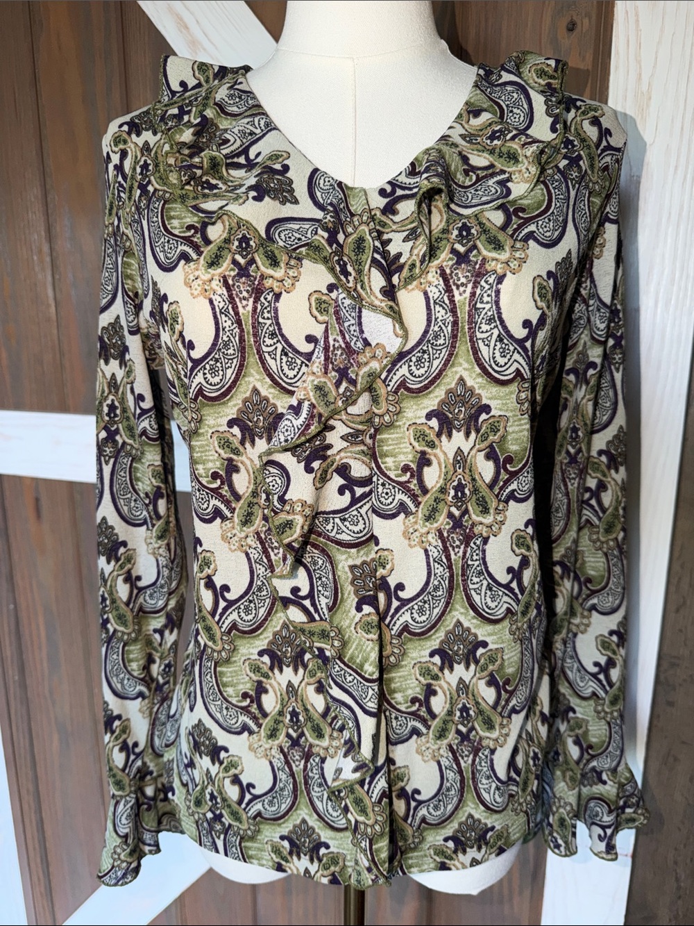 Vintage inspired Y2K Faded Glory Paisley Ruffle Bell Sleeve Boho Top Large